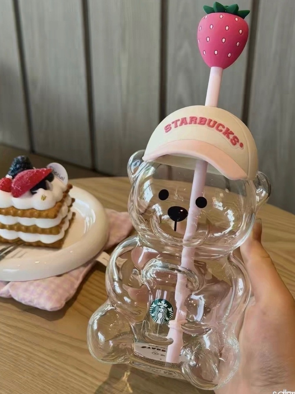Starbucks Pink & Clear Bear Kids Cup with Strawberry Top Straw